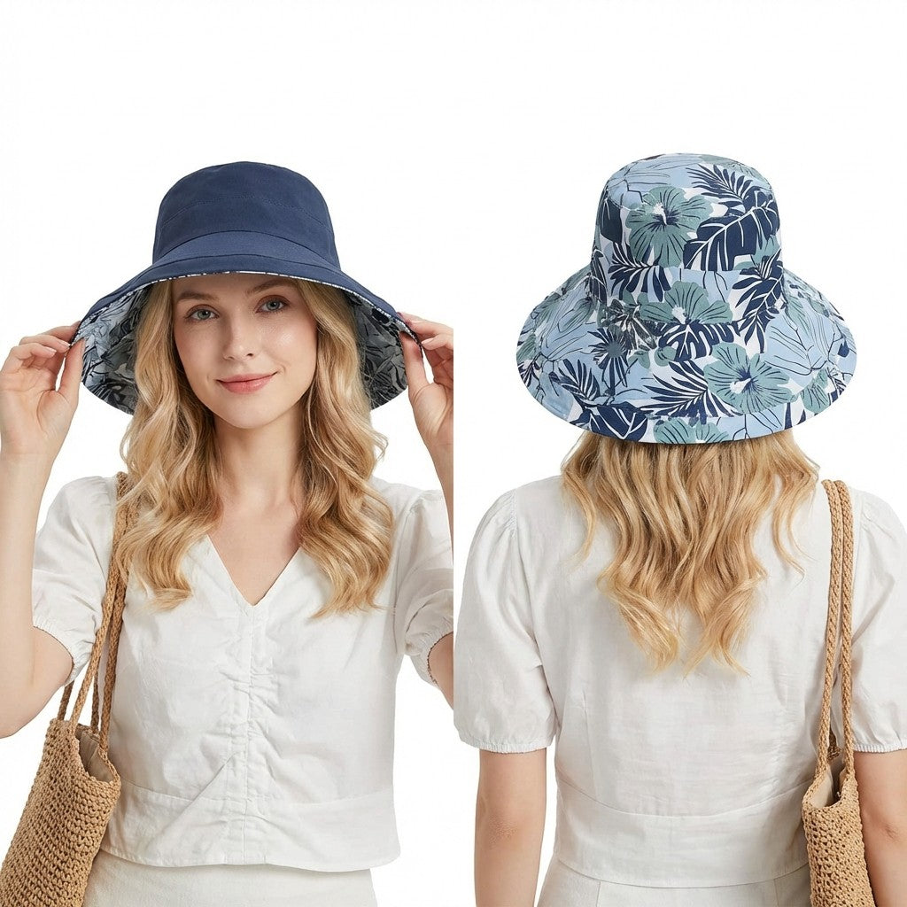 Reversible Floral Bucket Hat Wide Brim Sun Hat UV Protection Beach Travel Cap
