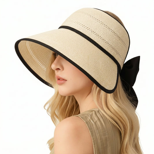 Wide Brim Straw Visor Hat Breathable Foldable Summer Sun Hat Beach Vacation Hat