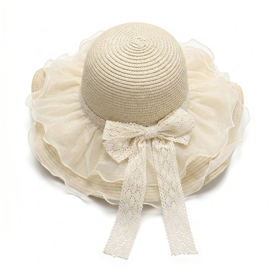 Wide Brim Straw Sun Hat Mesh Trim Elegant Summer Beach Vacation Hat