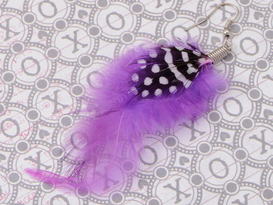 Purple Polka Dotted Diva Lavender Bright Bird Feather Fish Hook Trend Earrings