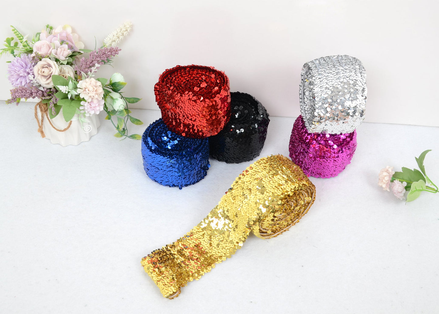 Elastic Sequin Trim, 3 Inch 8 Row Wide Flat Glitter Bling Fabric Paillette Sequin Ribbon, Metallic Sewing DIY Project, 5.5 Yards