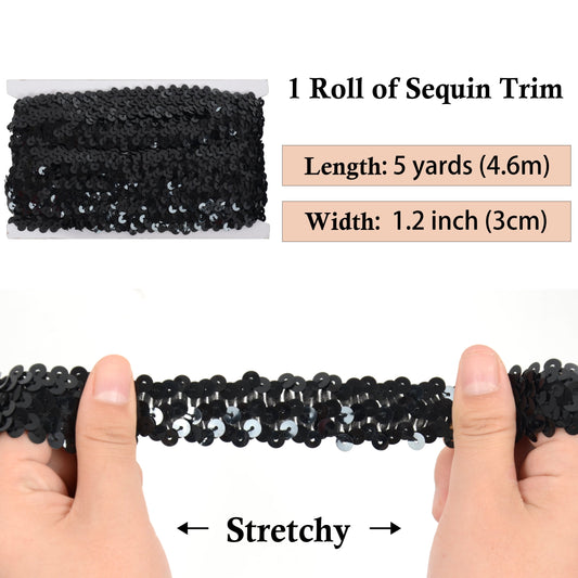 Elastic Sequin Trim, 1.2 Inch 3 Row Flat Glitter Paillette Sequin Ribbon, Metallic Stretch Sequin Strip Sewing DIY Craft, 5 Yards