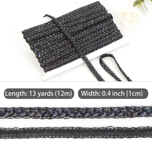 Sequin Braid Cord Trim, 0.4 Inch Glitter Laser Sequin Strip, Sewing Sequin Ribbon for DIY Crafts Party Decorations, 13 Yards