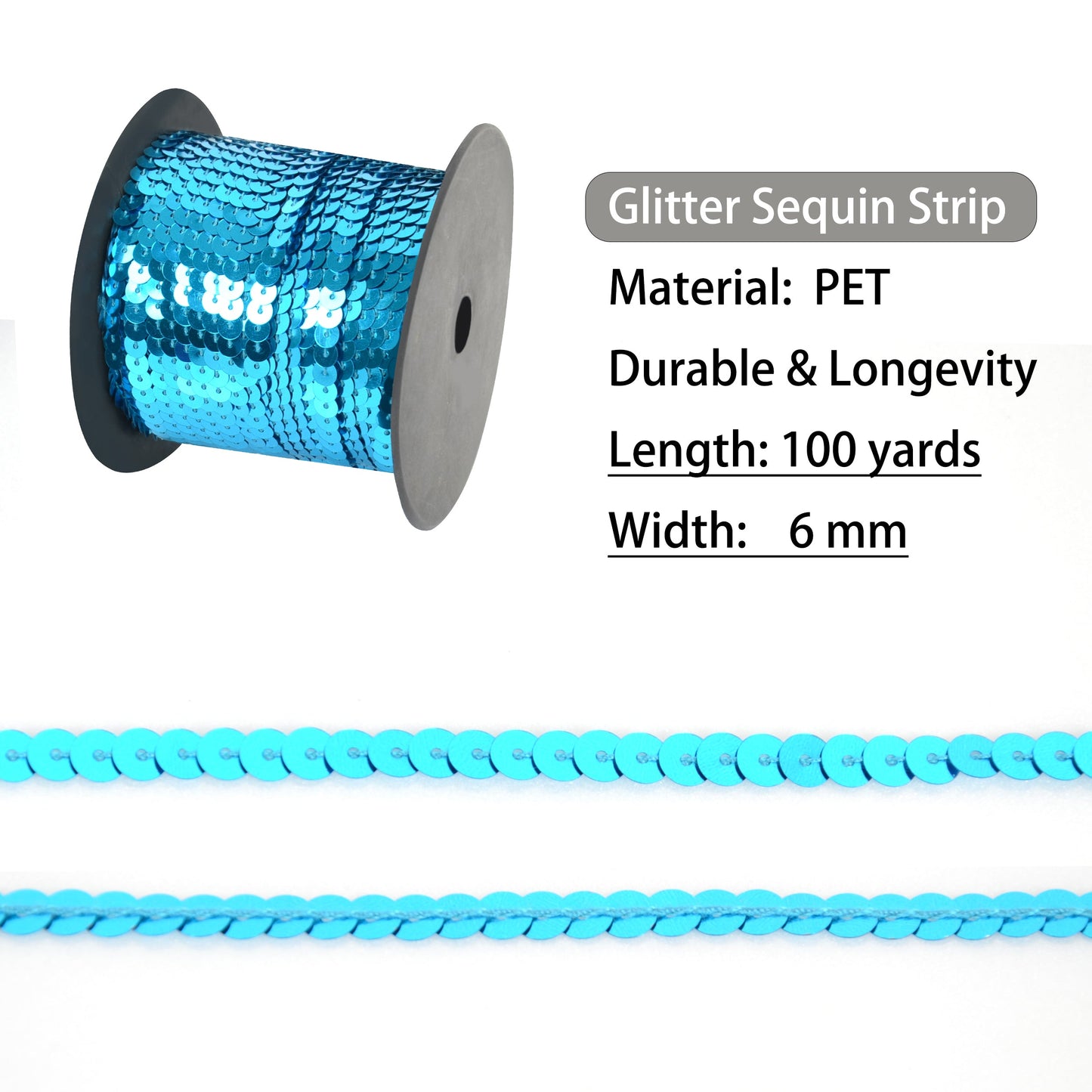 Flat Sequin Strip, 6mm String Metallic Sequin Strand, Paillette Metallic Sequin Trim Sewing DTY Craft Embellishment, 100 Yards