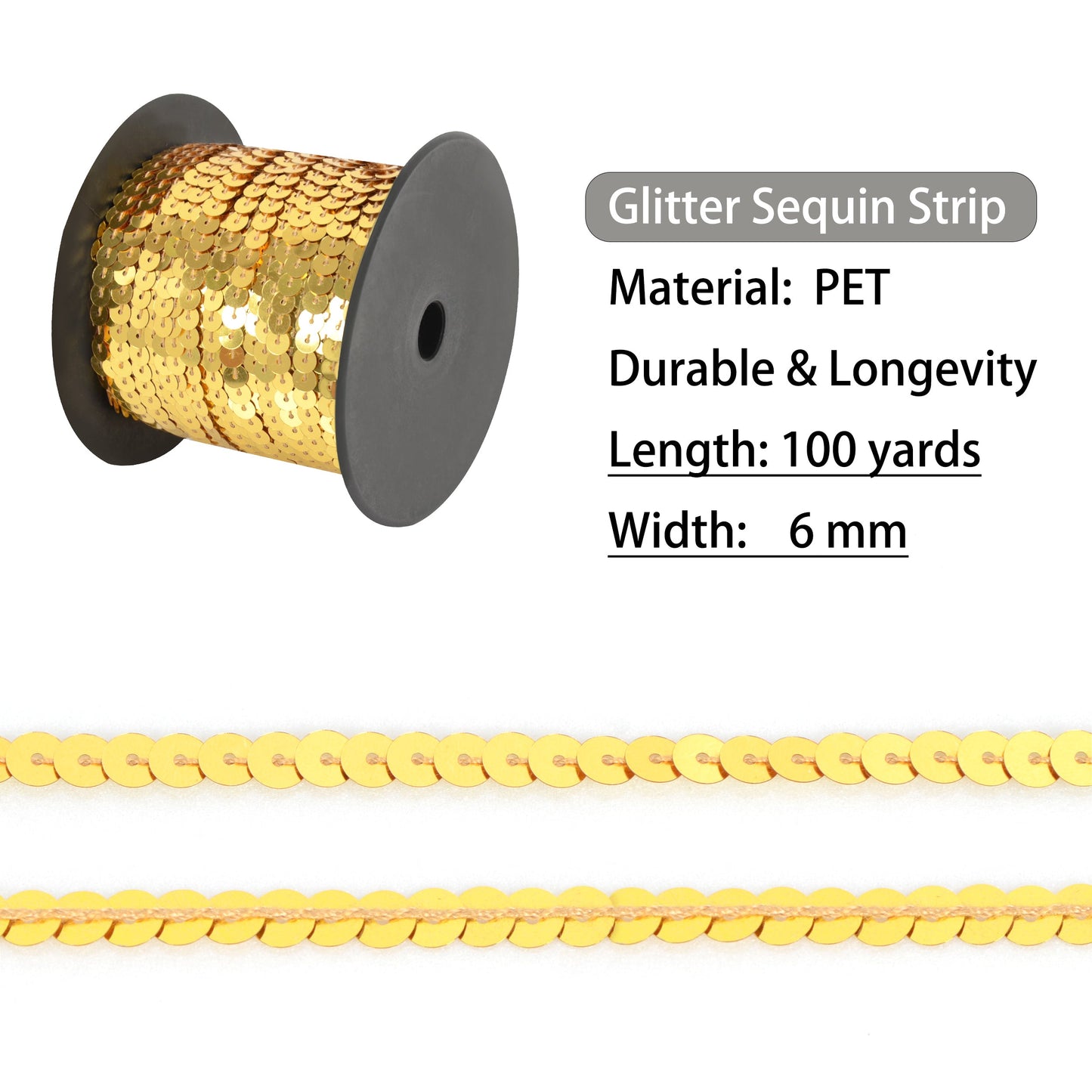 Flat Sequin Strip, 6mm String Metallic Sequin Strand, Paillette Metallic Sequin Trim Sewing DTY Craft Embellishment, 100 Yards