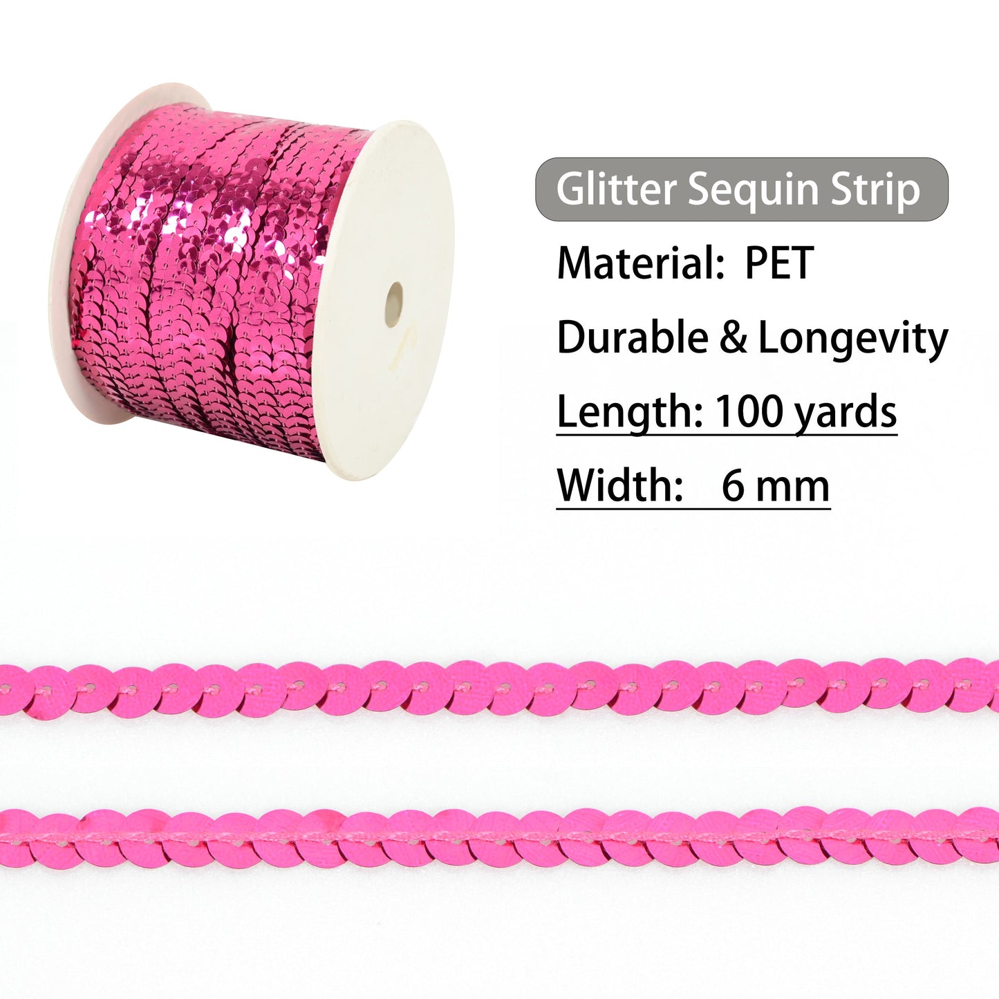 Flat Sequin Strip, 6mm String Metallic Sequin Strand, Paillette Metallic Sequin Trim Sewing DTY Craft Embellishment, 100 Yards
