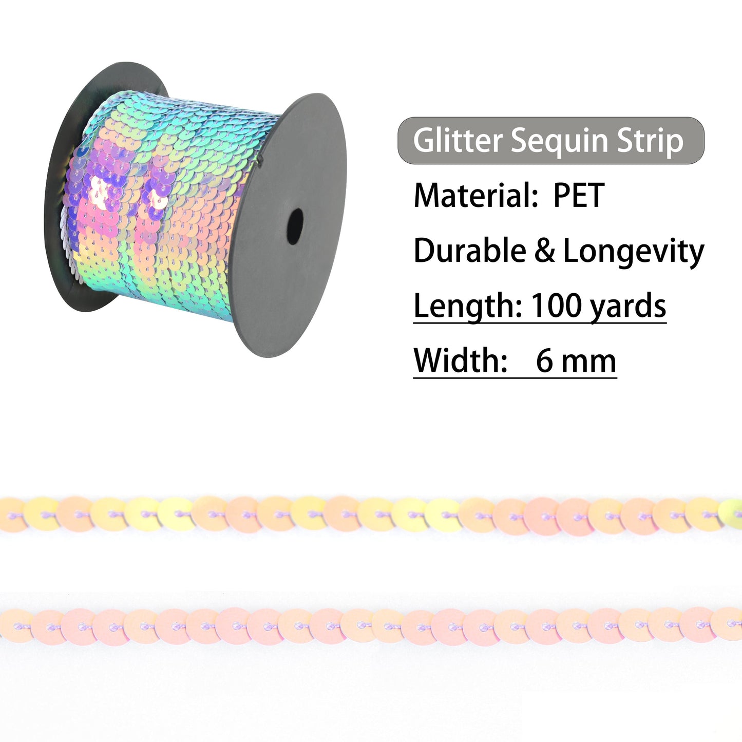 Flat Sequin Strip, 6mm String Metallic Sequin Strand, Paillette Metallic Sequin Trim Sewing DTY Craft Embellishment, 100 Yards