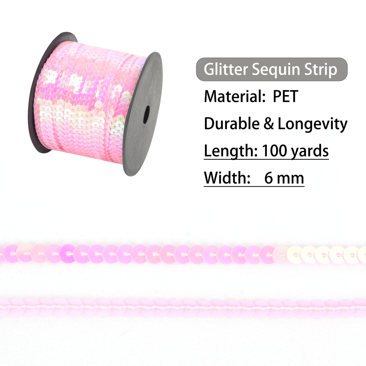 Flat Sequin Strip, 6mm String Metallic Sequin Strand, Paillette Metallic Sequin Trim Sewing DTY Craft Embellishment, 100 Yards