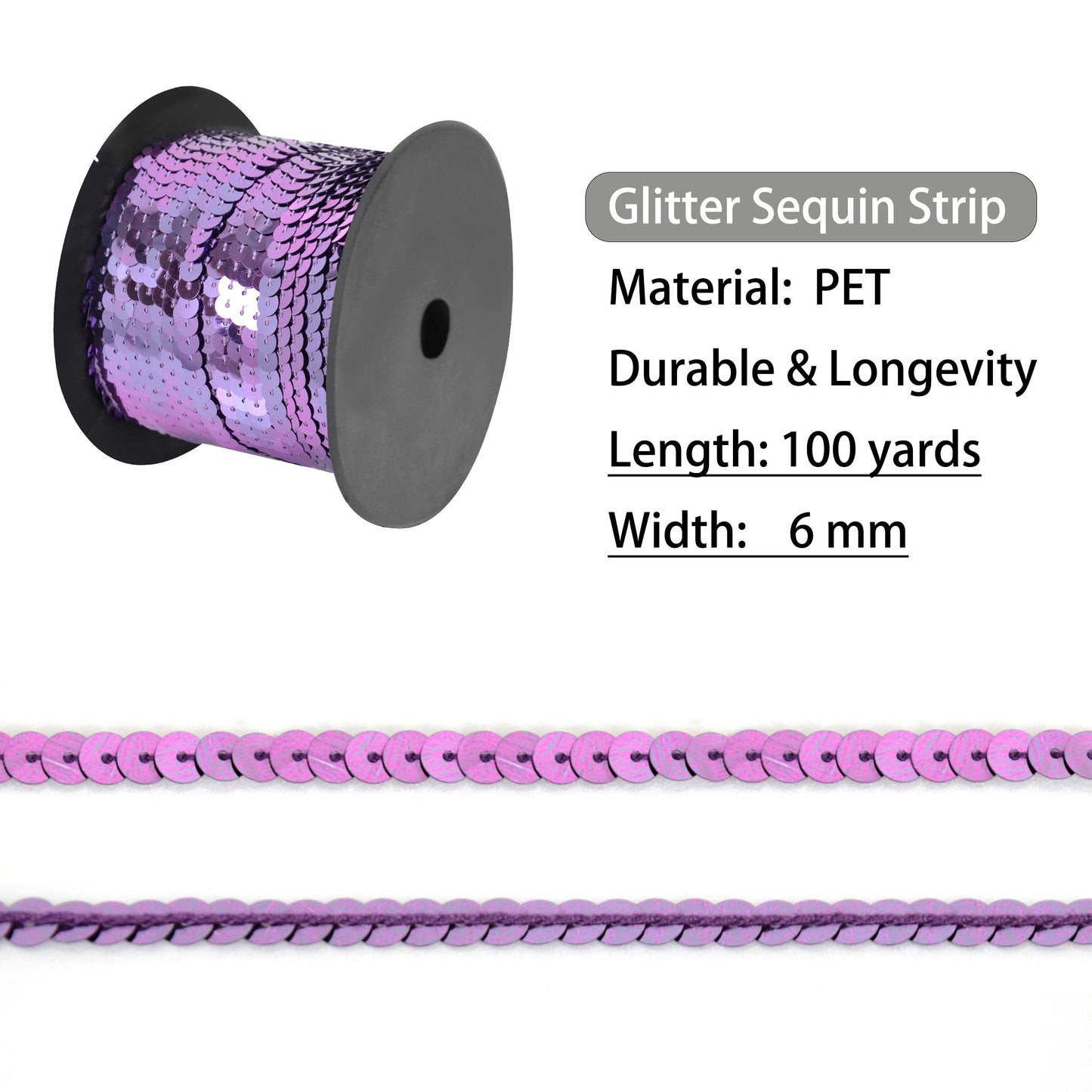 Flat Sequin Strip, 6mm String Metallic Sequin Strand, Paillette Metallic Sequin Trim Sewing DTY Craft Embellishment, 100 Yards
