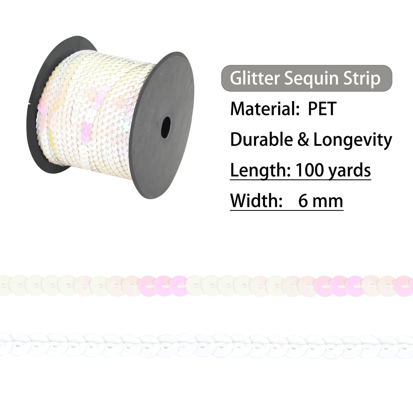 Flat Sequin Strip, 6mm String Metallic Sequin Strand, Paillette Metallic Sequin Trim Sewing DTY Craft Embellishment, 100 Yards