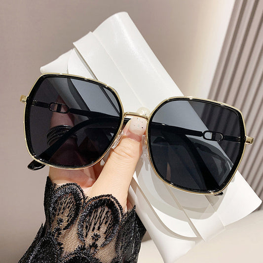 Oversized Square Sunglasses with Dual Layer Frame and Gold Temple Accent UV400 Dark Lenses