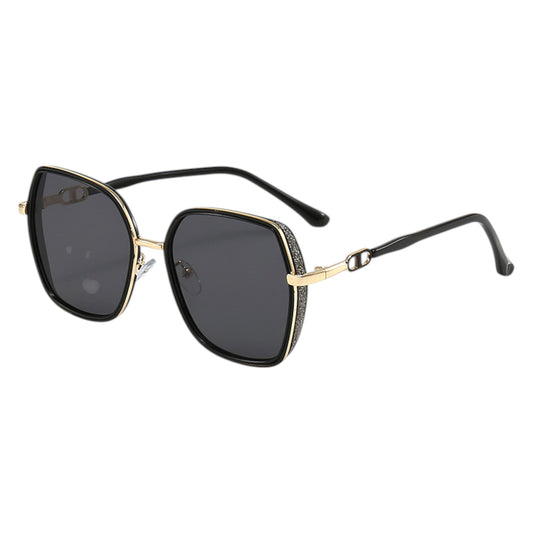 Oversized Square Sunglasses with Dual Layer Frame and Gold Temple Accent UV400 Dark Lenses