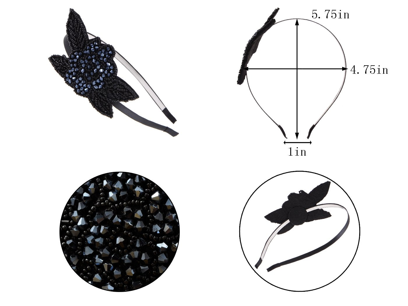 Flapper Crystal Beaded Black Blue Flower Headband