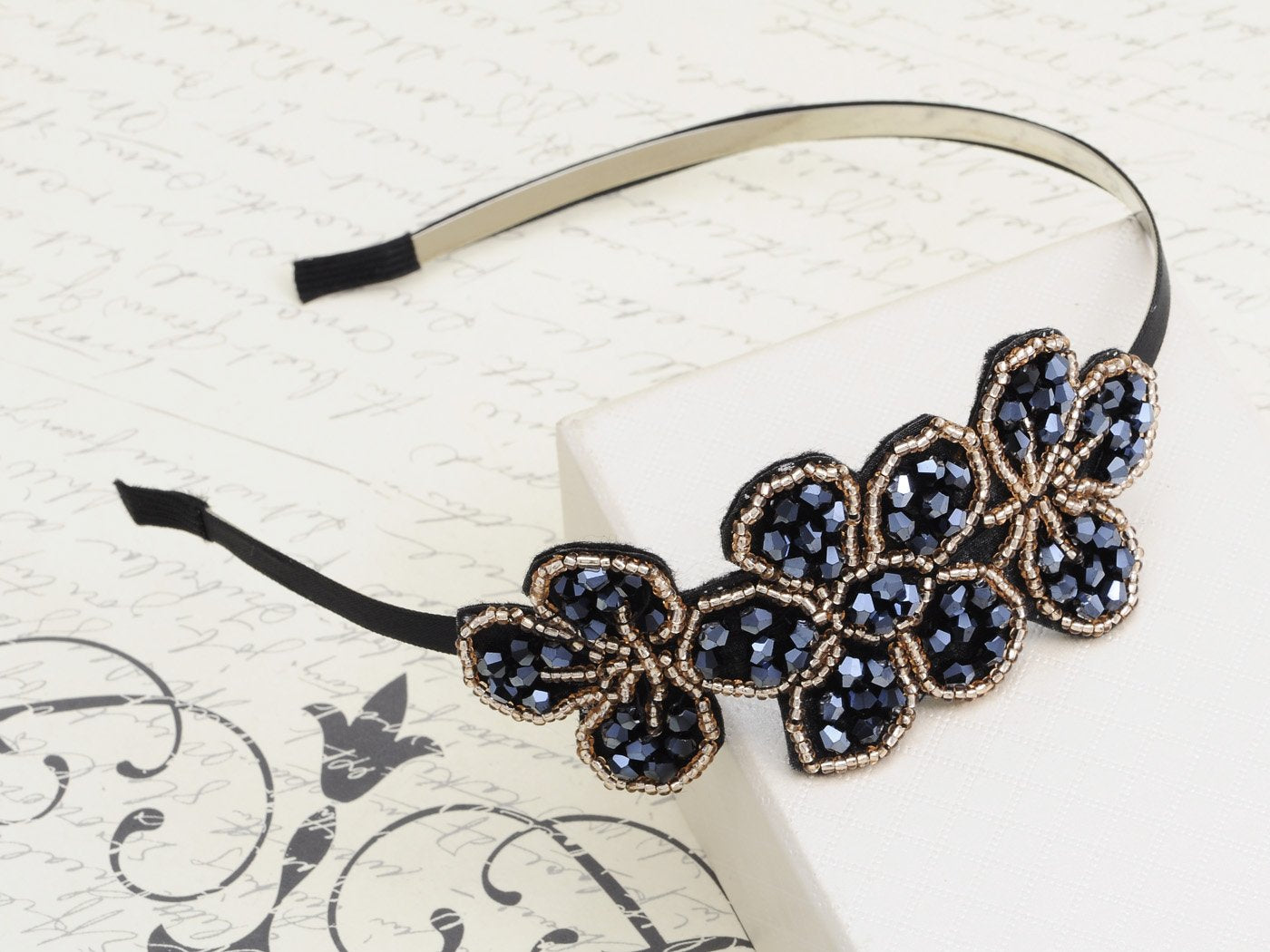 Flapper Crystal Beaded Black Blue Flower Headband