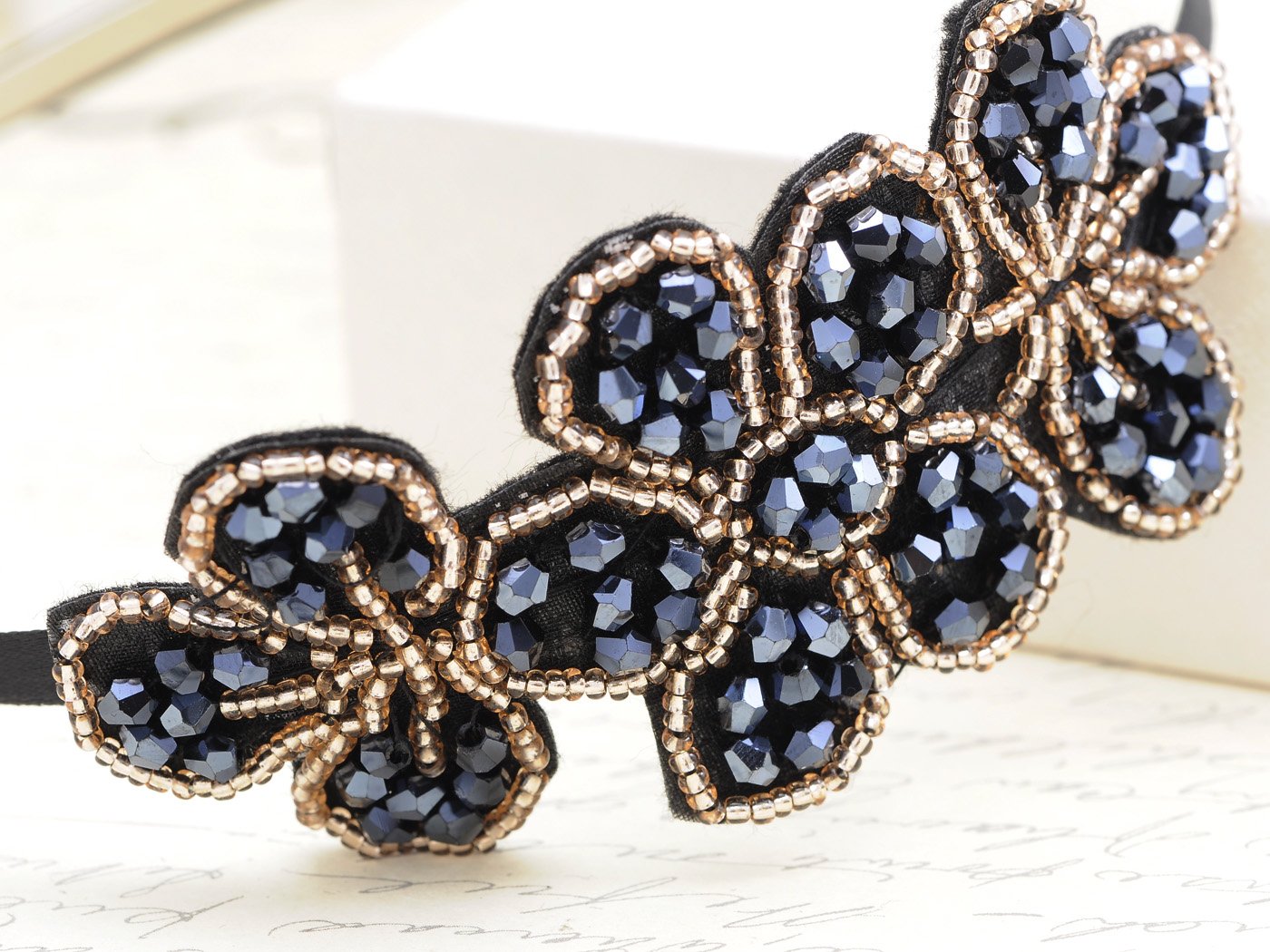 Flapper Crystal Beaded Black Blue Flower Headband