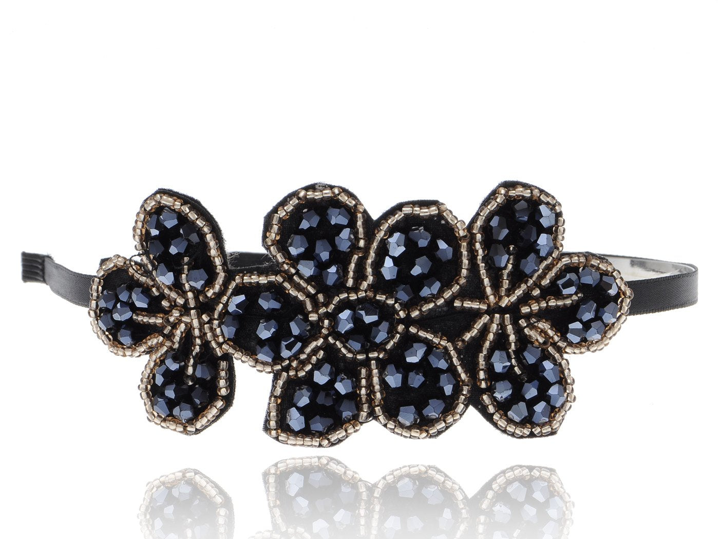 Flapper Crystal Beaded Black Blue Flower Headband