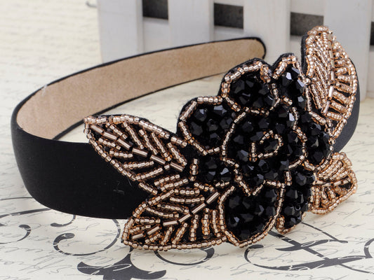 Intricate Design Single Black Bead Flower Bead Leaves Headband