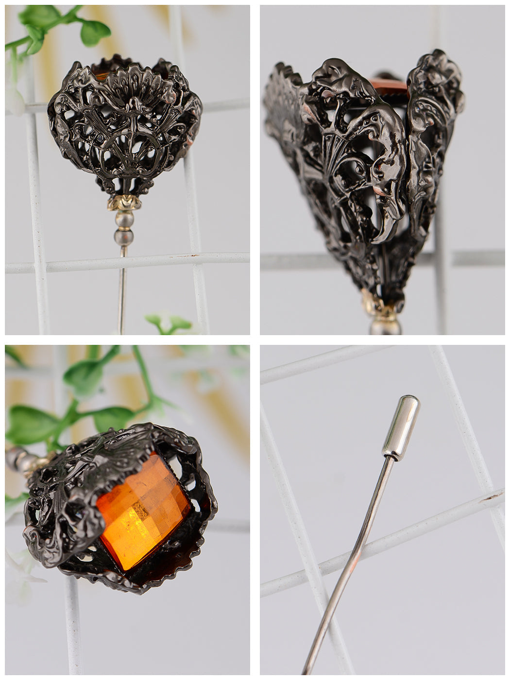 Long Hat Pin Black Retro Hollow Out Design Stick Pin Vintage Style Galvanized Alloy