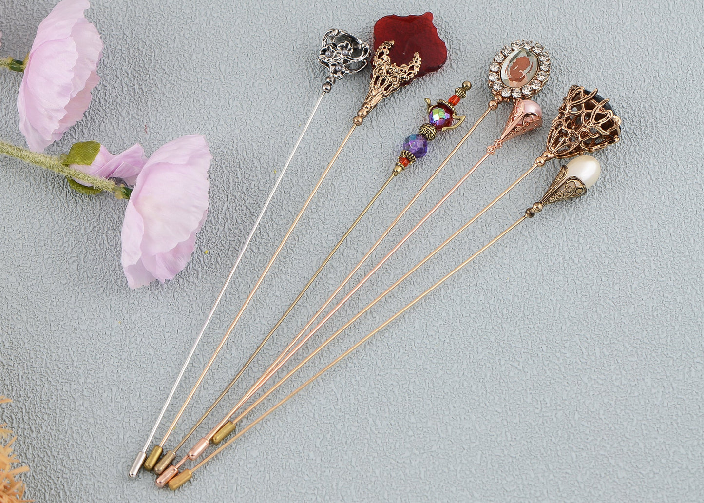 Alilang 5Pcs/ 3Pcs Hat Pin Golden Vintage Style Safety Pins Brooches Suit Tie Hat Scarf Badge set Jewelry Accessories