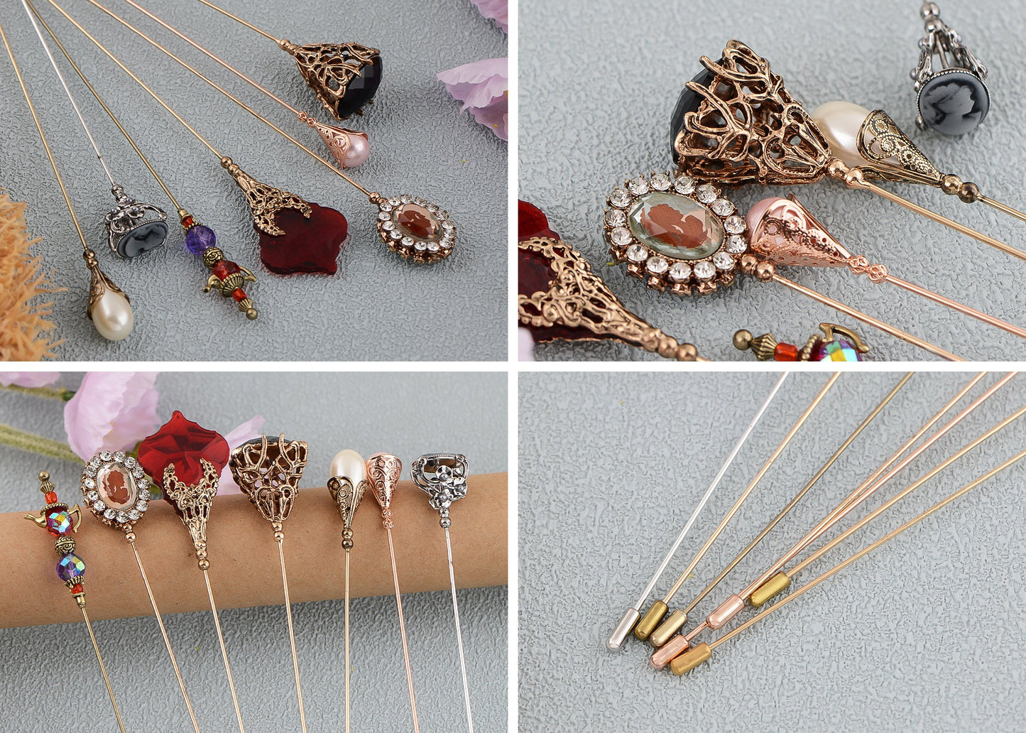 Alilang 5Pcs/ 3Pcs Hat Pin Golden Vintage Style Safety Pins Brooches Suit Tie Hat Scarf Badge set Jewelry Accessories