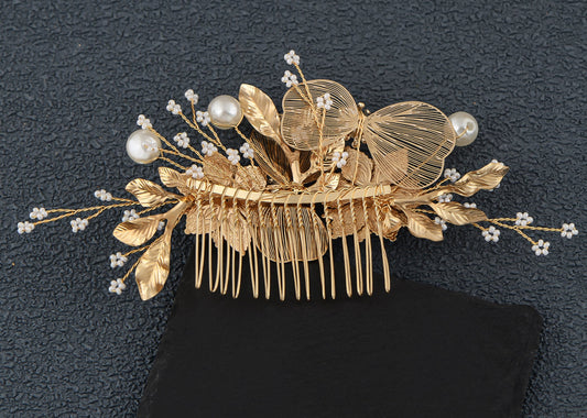 Alilang Bridal Wedding Flower Leaves Pearl Butterfly Headpiece Crystal Rhinestone Hair Accessory Hair Side Comb For Women