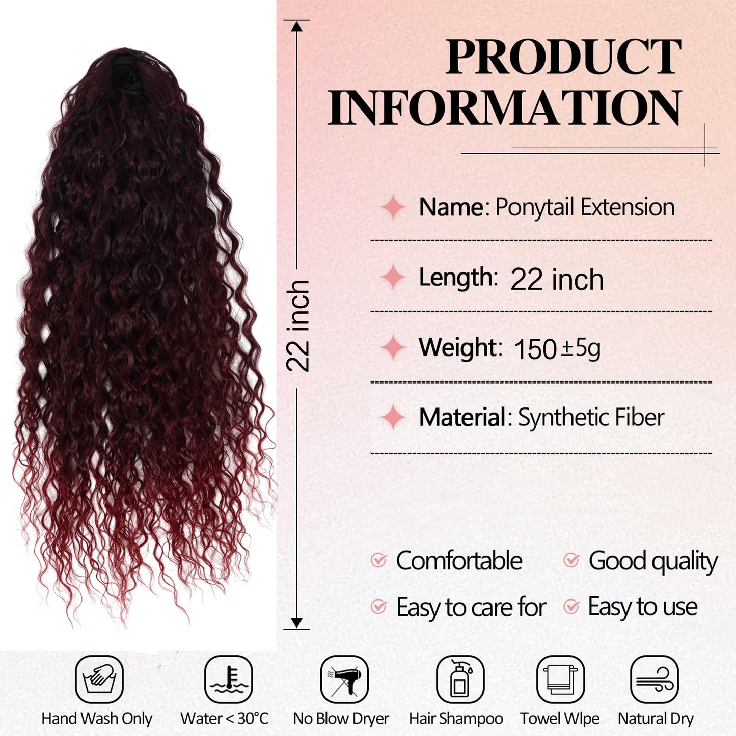 22-Inch Long Curly Black Drawstring Ponytail Extension for Women Soft Synthetic Wavy Clip-In Hairpiece