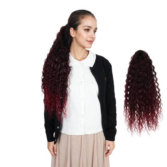 22-Inch Long Curly Black Drawstring Ponytail Extension for Women Soft Synthetic Wavy Clip-In Hairpiece