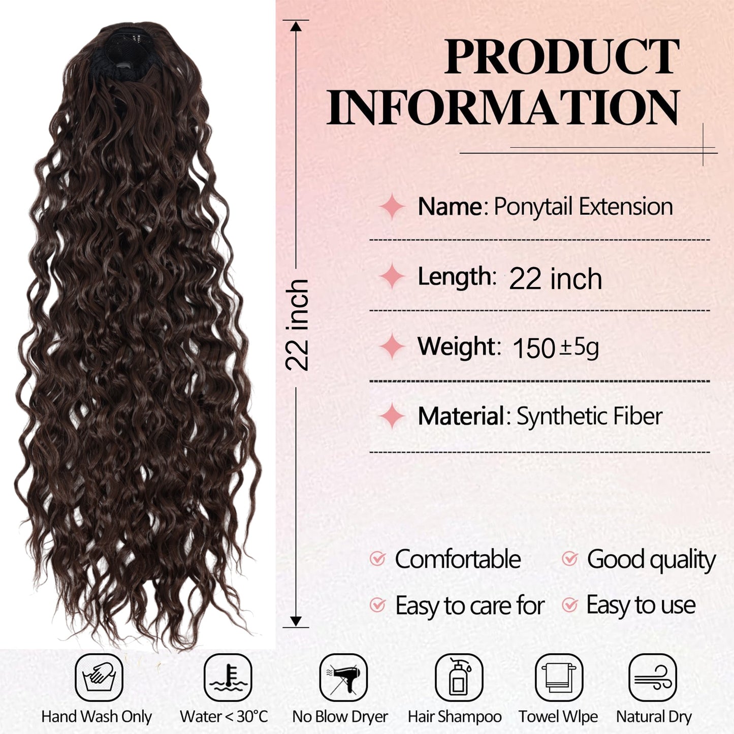 22-Inch Long Curly Black Drawstring Ponytail Extension for Women Soft Synthetic Wavy Clip-In Hairpiece