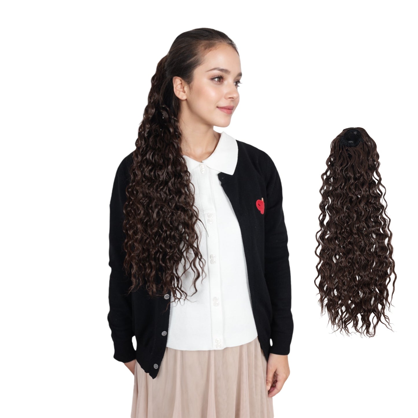 22-Inch Long Curly Black Drawstring Ponytail Extension for Women Soft Synthetic Wavy Clip-In Hairpiece