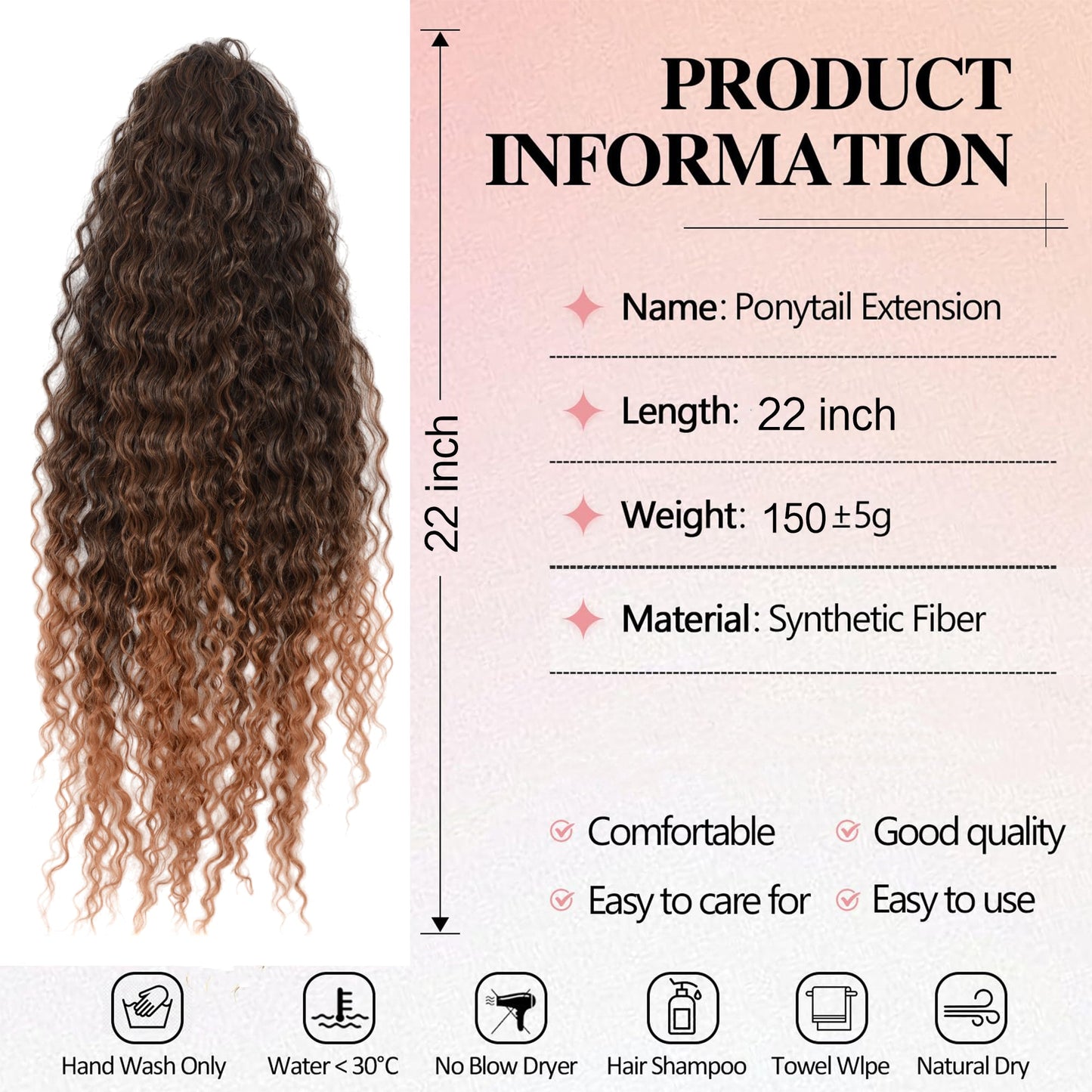 22-Inch Long Curly Black Drawstring Ponytail Extension for Women Soft Synthetic Wavy Clip-In Hairpiece