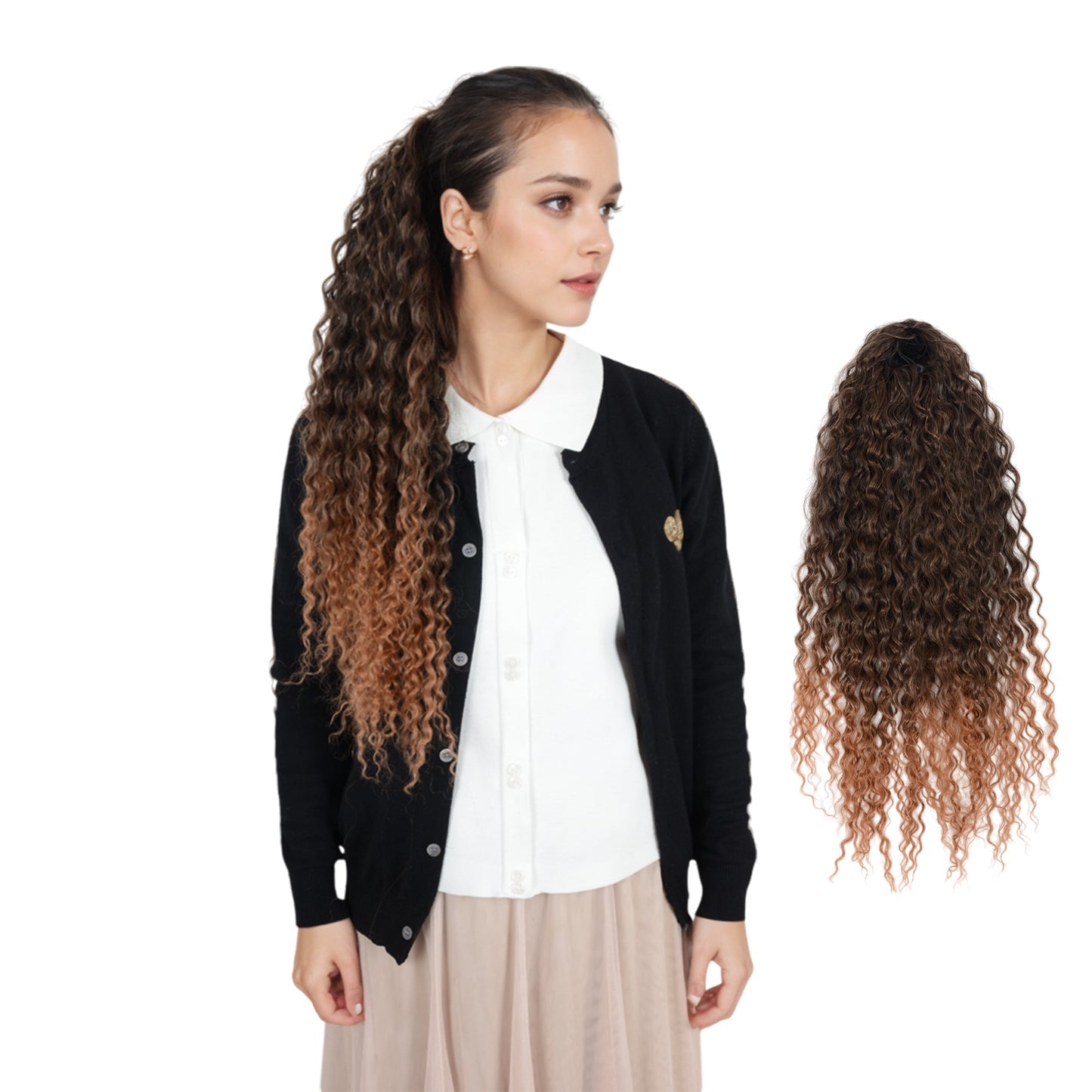 22-Inch Long Curly Black Drawstring Ponytail Extension for Women Soft Synthetic Wavy Clip-In Hairpiece