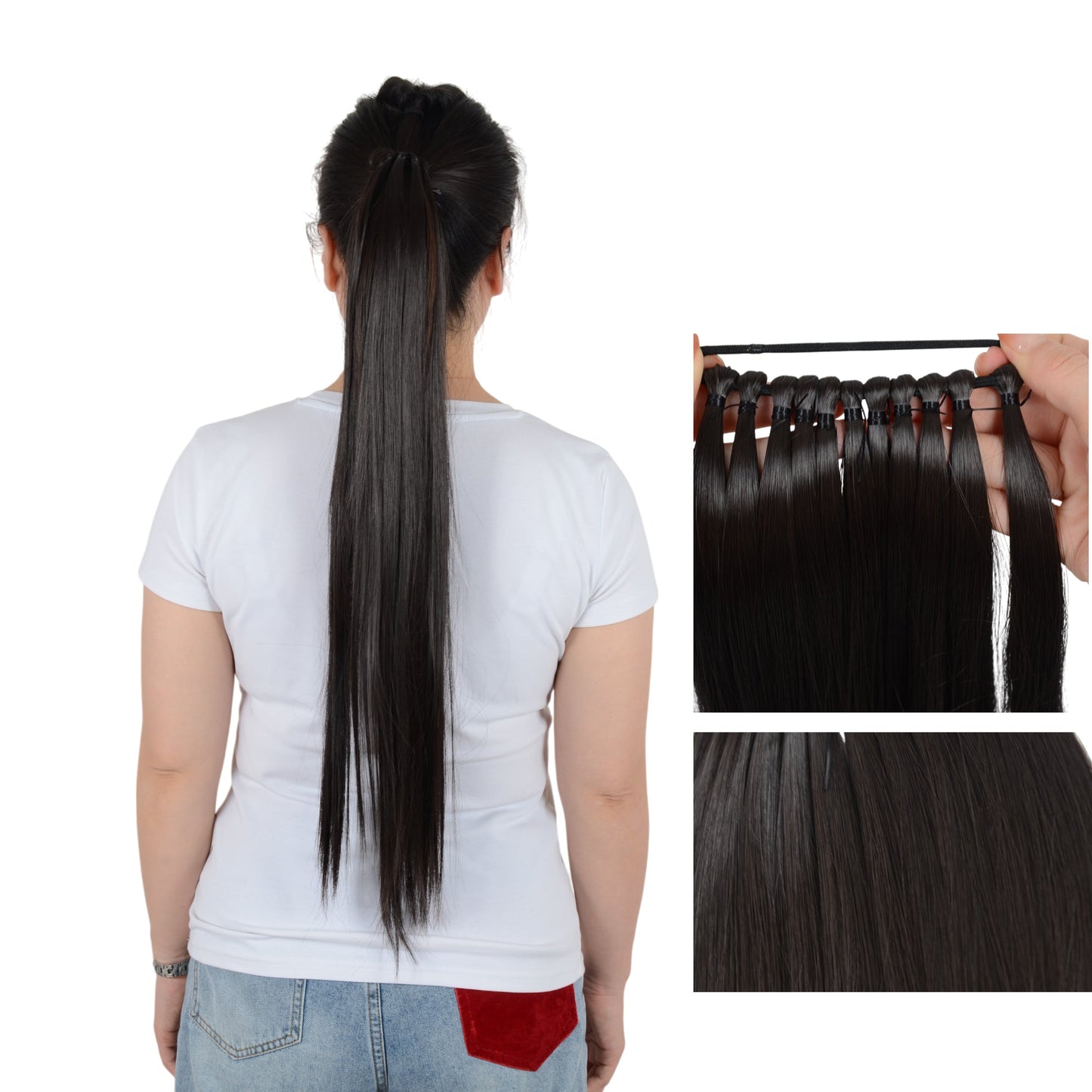 24 Inch Long Straight Ponytail Extension Elastic Ring Long Straight Hair For Daily and Special Occasions