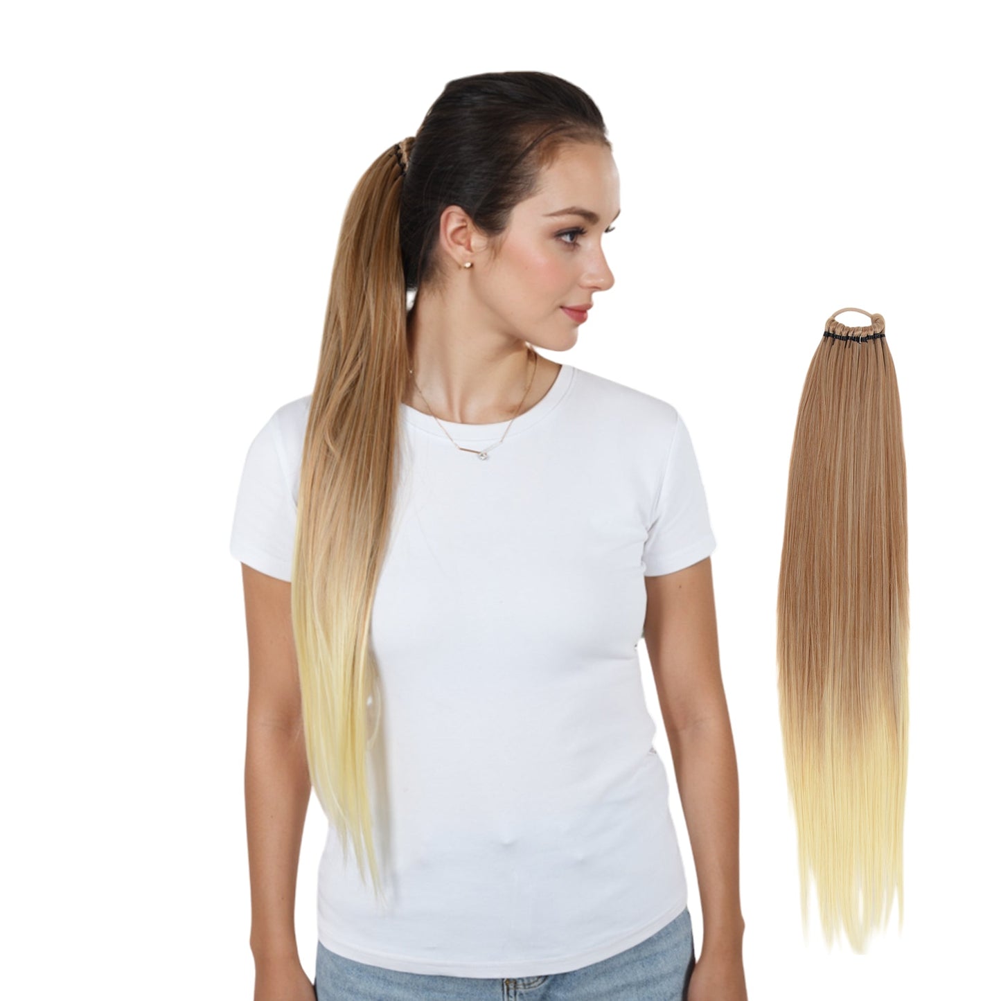 24 Inch Long Straight Ponytail Extension Elastic Ring Long Straight Hair For Daily and Special Occasions