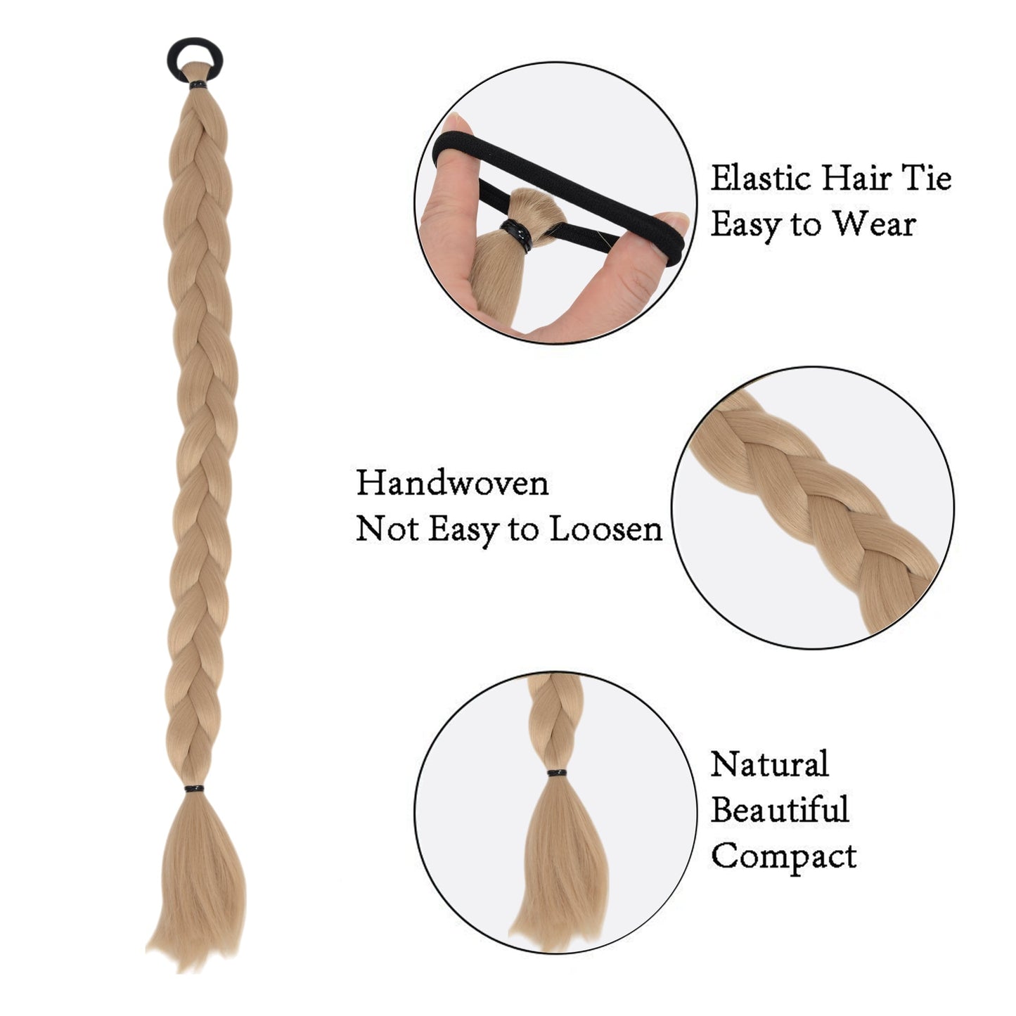 24 Inch Long Braided Ponytail Hair Extension with Elastic Band Natural Synthetic Braid