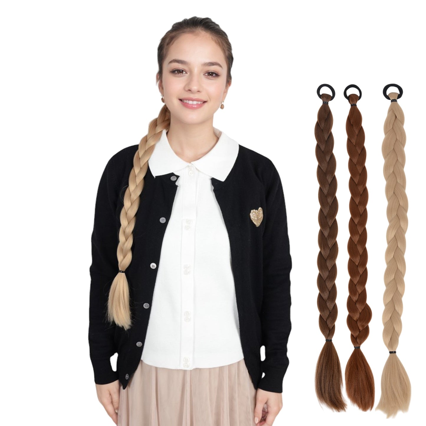 24 Inch Long Braided Ponytail Hair Extension with Elastic Band Natural Synthetic Braid