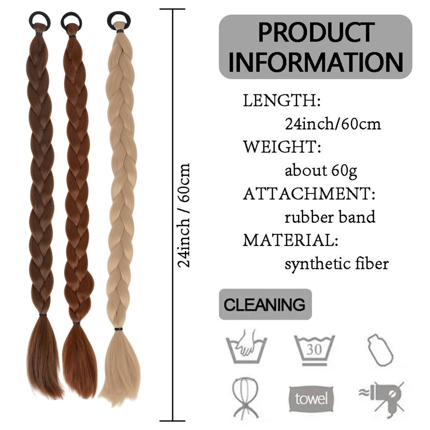24 Inch Long Braided Ponytail Hair Extension with Elastic Band Natural Synthetic Braid