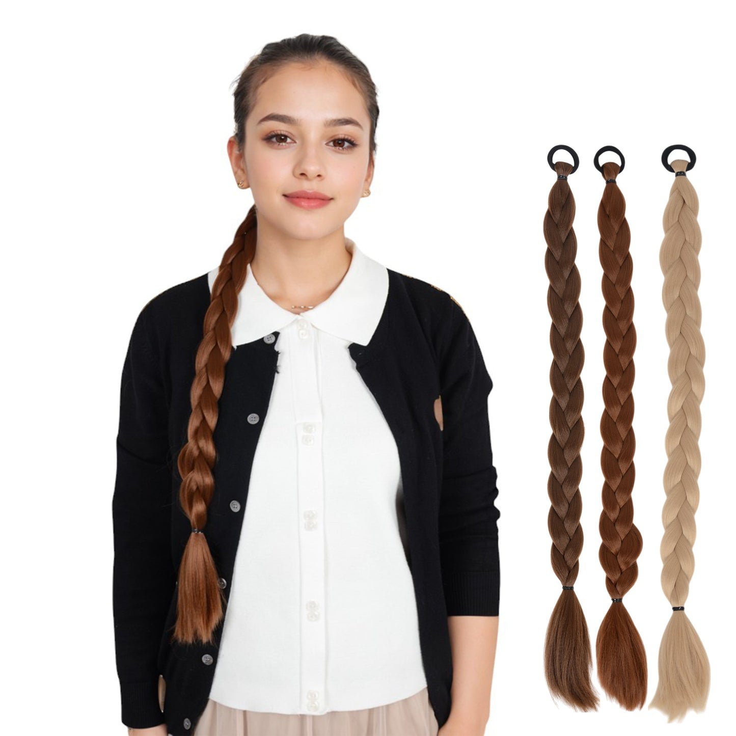 24 Inch Long Braided Ponytail Hair Extension with Elastic Band Natural Synthetic Braid