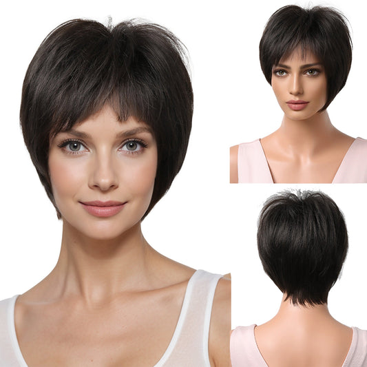 11 Inch Short Layered Pixie Cut Wigs for Women Synthetic Layered Highlight Wigs with Bangs for Styling