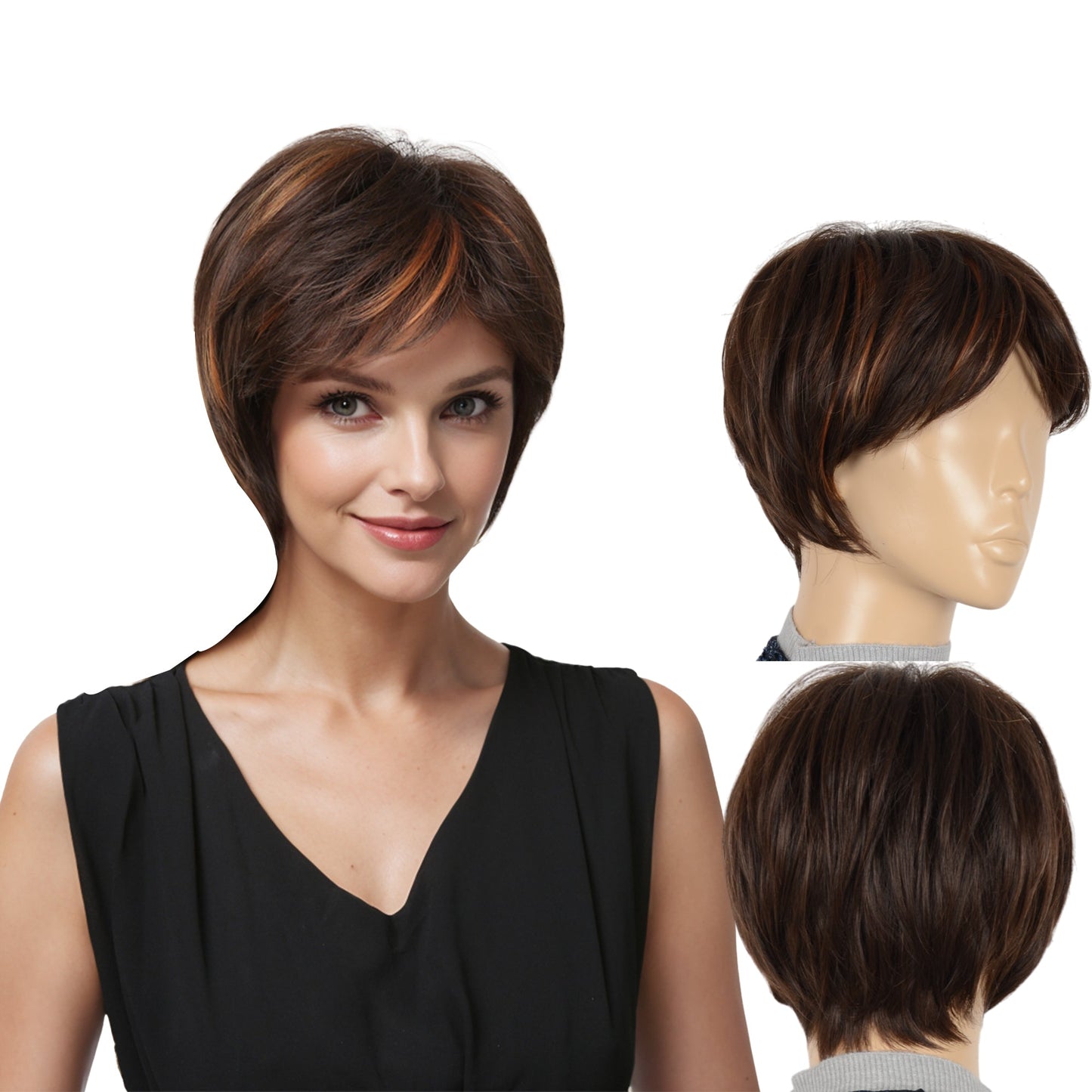 11 Inch Short Layered Pixie Cut Wigs for Women Synthetic Layered Highlight Wigs with Bangs for Styling
