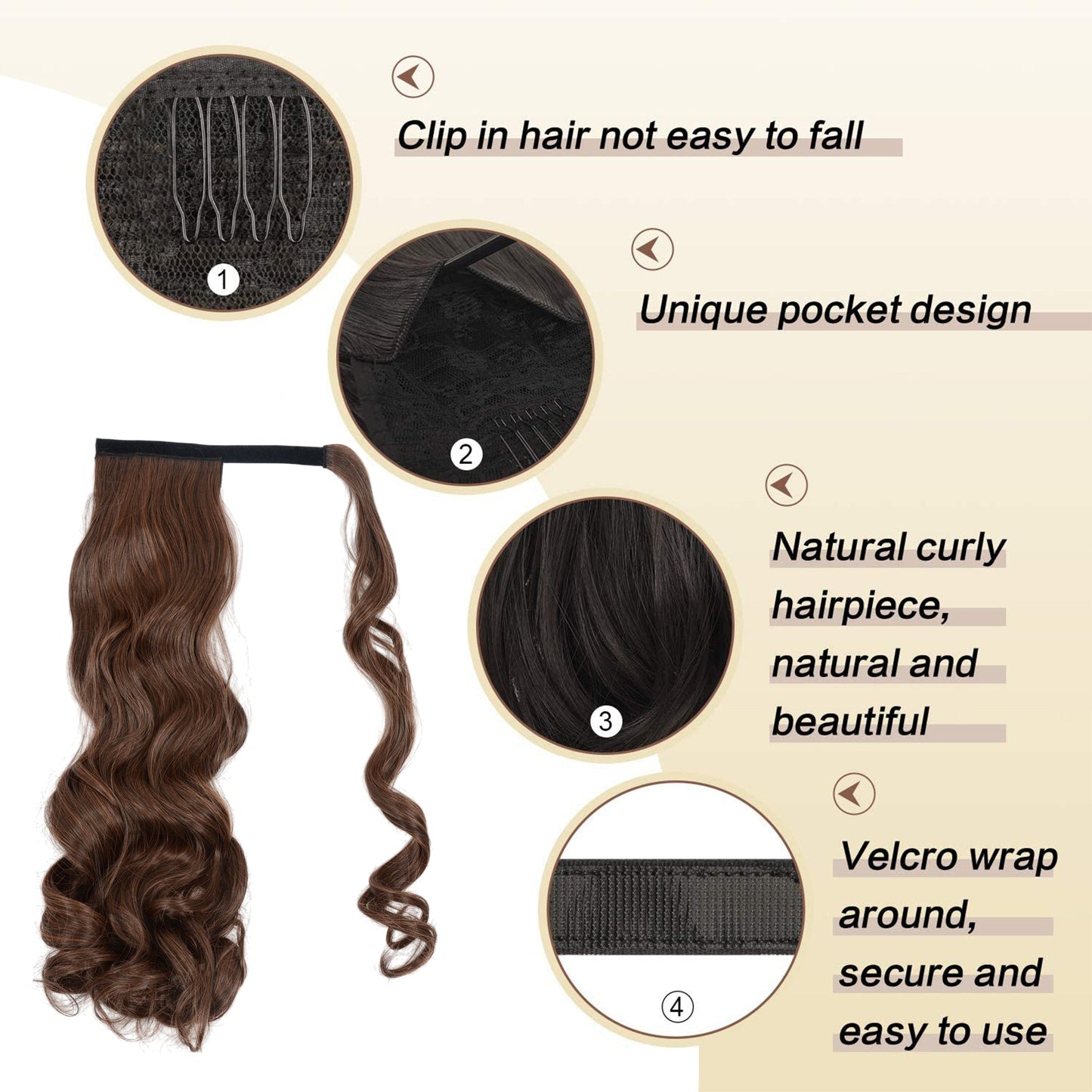 22 Inch Long Curly Wrap Around Ponytail for Women Clip in Ponytail Hair Extensions Synthetic Brown Hair Pony Tails Hairpieces