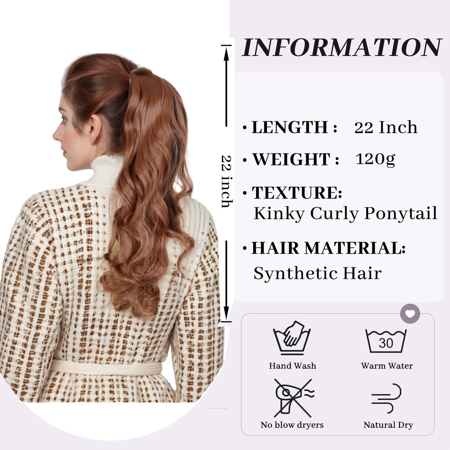 22 Inch Long Curly Wrap Around Ponytail for Women Clip in Ponytail Hair Extensions Synthetic Brown Hair Pony Tails Hairpieces