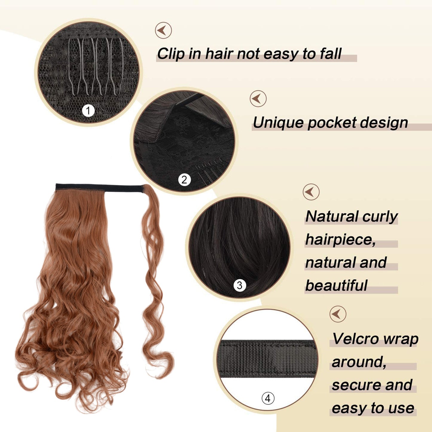 22 Inch Long Curly Wrap Around Ponytail for Women Clip in Ponytail Hair Extensions Synthetic Brown Hair Pony Tails Hairpieces