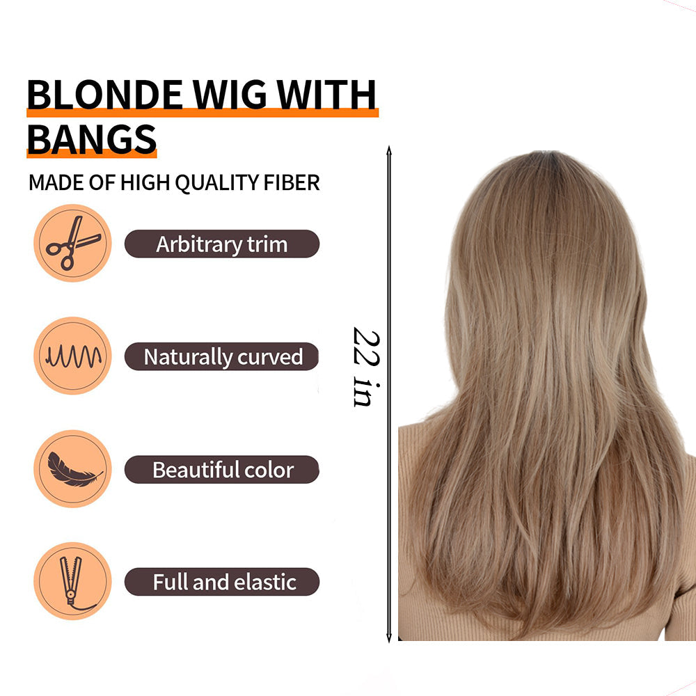 22 Inch Long Curly Wig with Bangs Long Haired Wig for Women Curtain Bangs Synthetic Layered Wig Long Wavy Wig