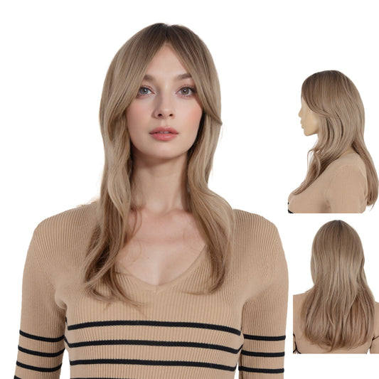 22 Inch Long Curly Wig with Bangs Long Haired Wig for Women Curtain Bangs Synthetic Layered Wig Long Wavy Wig