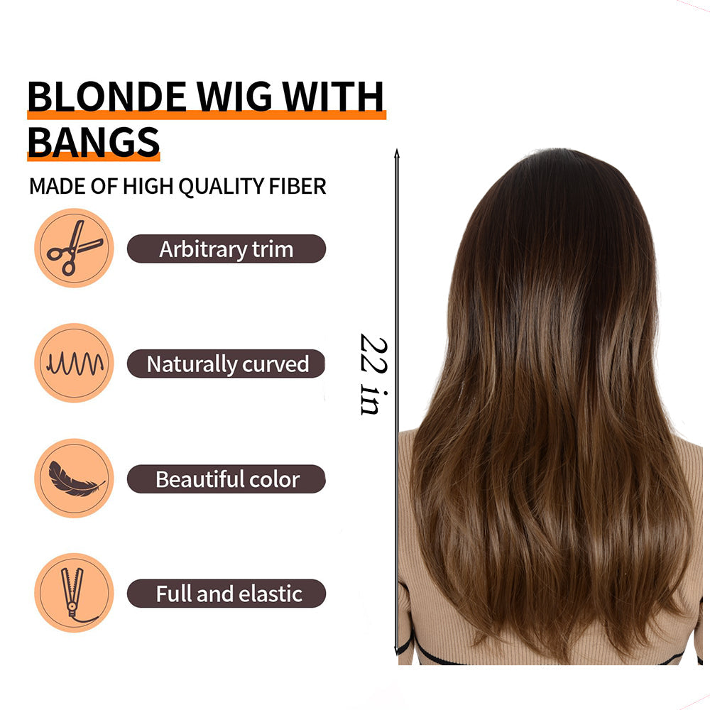 22 Inch Long Curly Wig with Bangs Long Haired Wig for Women Curtain Bangs Synthetic Layered Wig Long Wavy Wig