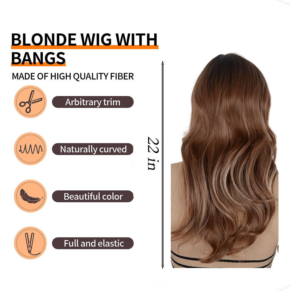 22 Inch Long Curly Wig with Bangs Long Haired Wig for Women Curtain Bangs Synthetic Layered Wig Long Wavy Wig