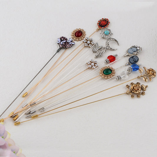 8in Antique Style Hat Pin Long Metal Stem Hats Coats Lapels