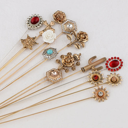 Western Floral and Star Hat Pin 8 inch ling Scarf Pin