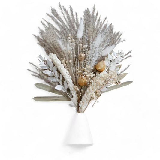Dried Floral Arrangement with Pampas Grass, Eucalyptus, and Sunburst Accent