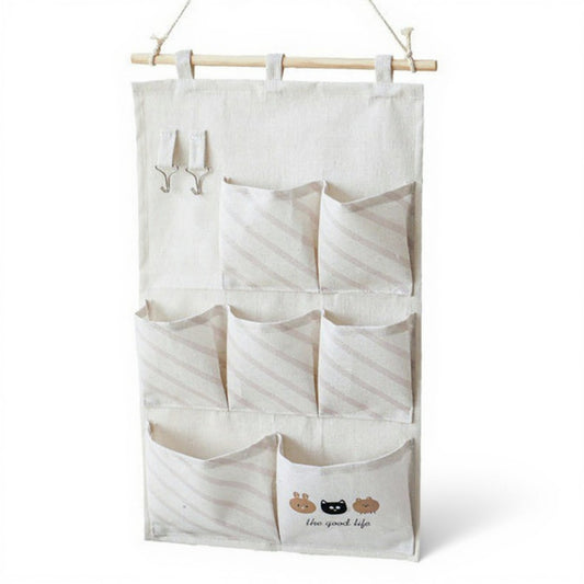 Hanging Fabric Storage Organizer with Wooden Rod and Multi-Pocket Design